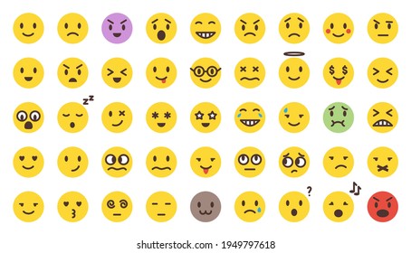 Cartoon color flat emoji set. Vector yellow emoticon collection isolated on white. Mood and facial smiles. Funny, angry, happy and sad faces web icons for message.