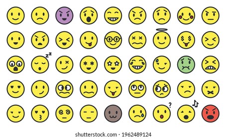 Cartoon color flat line emoji set. Vector yellow emoticon collection isolated on white. Mood and facial smiles. Funny, angry, happy and sad faces web icons for message.