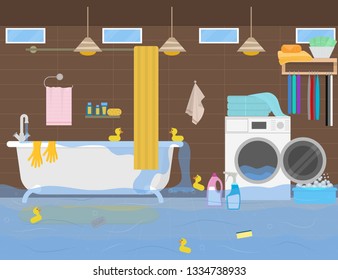 Cartoon Color Flood in The Toilet Inside Interior Accident, Disaster,Emergency or Damage Scene Concept Flat Design. Vector illustration