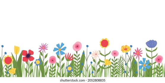 Color de la caricatura Floral Seamless Border con Flores y Saltos Primavera Concepto Estilo de diseño plano . Ilustración del vector