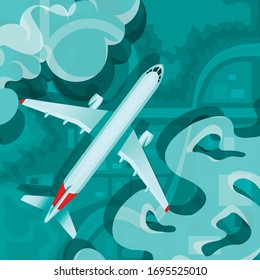 Cartoon Color Flying Airplane in Sky Travel, Tourism and Transportation Concept Flat Design. Vector illustration of Jet