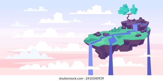 Cartoon Color Flying Island Scene Fantasy Concept Flat Design Style. Vektorgrafik von Floating Land Piece