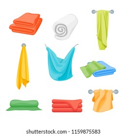 Cartoon Color Folded Towels Set Bathroom Hygiene Concept Element Flat Design Style. Vector illustration of Textile Towel