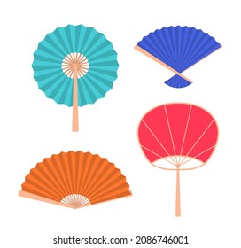 Cartoon Color Folding Chinese Hand Fan Icon Set Oriental Traditional Souvenir Concept Flat Design Style. Vector illustration of Icons