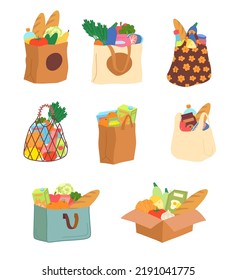 Cartoon Color Food in Grocery Bag or Box Icon Set Flat Design Style Concept for Delivery Supermarket or Shop. Vector illustration