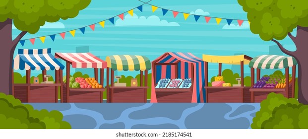 Cartoon Color Food Market Landscape Scene Concept Flat Design Style. Vector illustration of Wooden Market Stand Stall