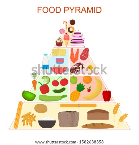 Cartoon Color Food Pyramid Infographics Poster Card Concept Flat Design Include of Fruit, Cheese and Milk. Vector illustration