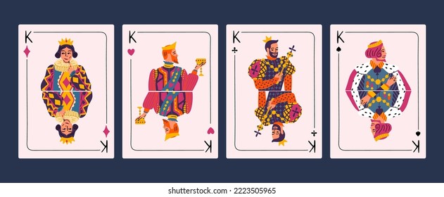 Cartoon Farbe Vier Könige Figuren aus Deck von Spielkarten Set Konzept flach Design Stil. Vektorgrafik