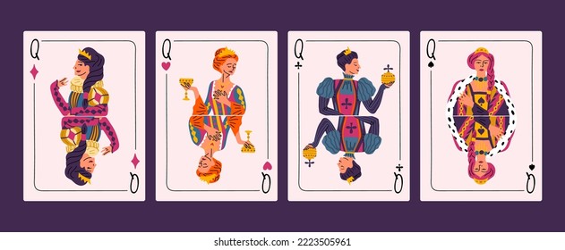 Cartoon Color Four Queens Figures from Deck of Playing Cards Set Concept Flat Design Style. Vector illustration