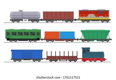 Tren de carga a color de caricatura con Wagons Set Flat Design Style Delivery and Logistic Concept. Ilustración del vector