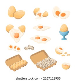 Cartoon Color Fresh and Boiled Eggs Set Flat Design Style. Vector illustration of Cracked or Peeled and Egg in a Cardboard Box