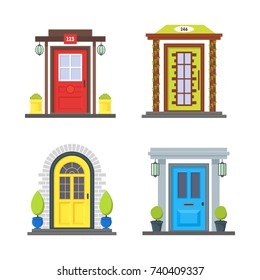 Cartoon Color Front Door of House Icon Set Urban Architecture of Facade Building Concept Flat Design Style. Vector illustration