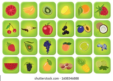 Cartoon color fruit icon set with grapefruit, bananas, kiwi, lemon, orange, raspberry, cherry, vanilla, peanut, grape, avocado, apple, plum, pear, pineapple, lime, strawberry and other
