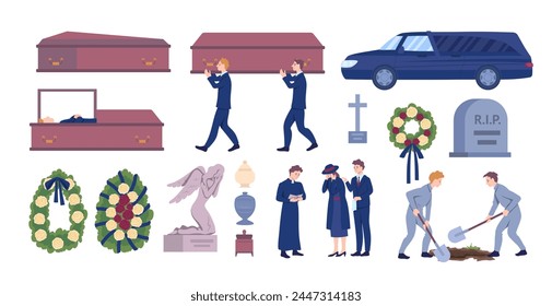 Cartoon Color Funeral Services and Ceremony Burial Different Elements Set Concept Flat Design Style. Vector illustration