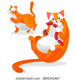 Cartoon Color Funny Fat Cat Characters with Sausages Icons Set Flat Design Style. Vector illustration of Kitten