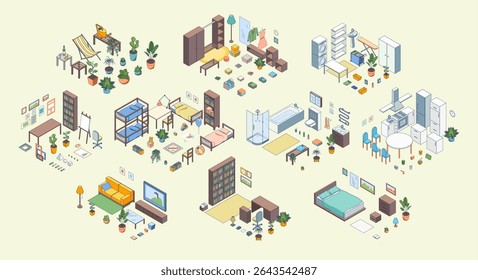 Cartoon Color Furniture Complete Set for Different Room Concept 3d Isometric View Line Elements. Vector illustration