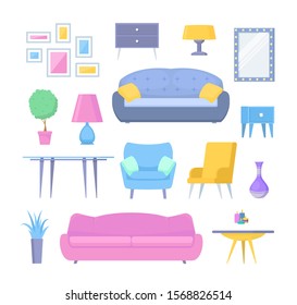 Cartoon Color Furniture and Home Accessories Icon Set Include of Lamp, Sofa, Chair and Table. Vector illustration of Icons