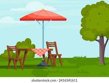 Cartoon Color Furniture for Picnic Concept Served Table and Chairs, Umbrella Flat Design Style. Vector illustration of Outdoor Party