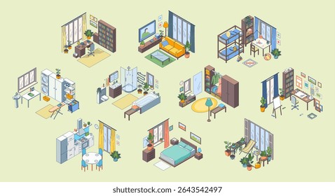 Cartoon Color Furniture Setting for Different Room Wardrobe, Bedroom, Bathroom, Kitchen and Terrace Concept 3d Isometric View Line Elements. Vector illustration