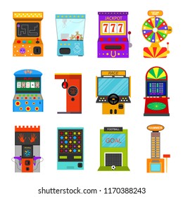 Cartoon Color Game Machine Icon Entertainment Gambling Element Concept Set Flat Design Style. Vector illustration of Icons