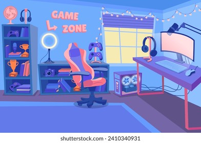 Cartoon Color Gamer Streamer Blogger Room Professional Interior Inside Scene Concept Flat Design Style. Vector illustration