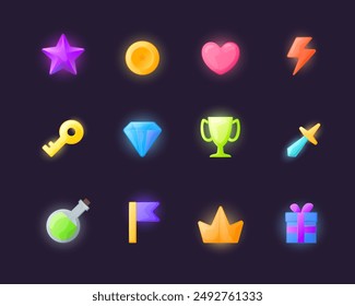 Iconos de Juegos de color de dibujos animados Conjunto Concepto Estilo de diseño plano Incluye de corazón, estrella, bebida y llave. Ilustración vectorial