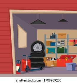 Cartoon Color Garage Interior Inside Concept Flat Design Style Include of Box, Tire and Instrument. Vector illustration