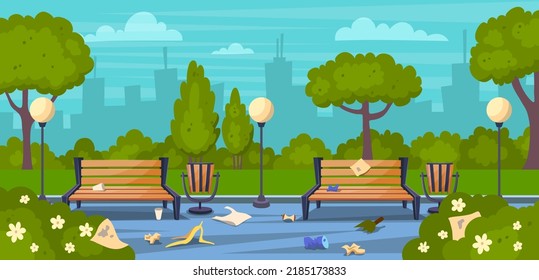 Cartoon Color Garbage in City Park Landscape Scene Environment Pollution Concept Flat Design Style. Vector illustration