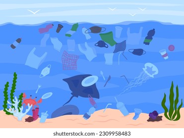 Cartoon Color Garbage in Sea Scene Concept Flat Design Style. Vector illustration of Plastic Ocean Pollution