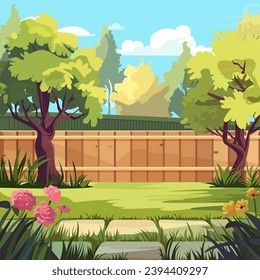 Cartoon Color Garden Backyard and Wooden Fence with Trees and Flowers Landscape Scene Concept Flat Design Style . Vector illustration