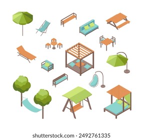 Conjunto de muebles de jardín de color de dibujos animados Vista isométrica 3d que incluye paraguas, columpios, toldos, mesas de madera y plástico. Ilustración vectorial