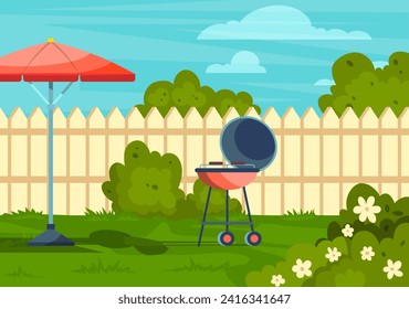 Cartoon Color Garden Picnic Backyard Scene Concept Summer Landscape Flat Design Style. Vector illustration of Outdoor Bbq Party