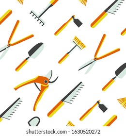 Cartoon color garden tools pattern. Vector farm equipment background.