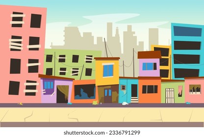 Cartoon Color Getto Street mit Pour Dirty Houses Landschaftsbild Szene Armut Konzept. Vektorgrafik von Slum