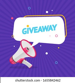 Cartoon Color Giveaway Concept Banner Card with Loudspeaker Symbol of Announcement Competition Flat Design. Vector illustration