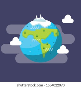 Cartoon Color Globe Earth with tree, ice mountains and clouds, vector Illustration on Isolated Background