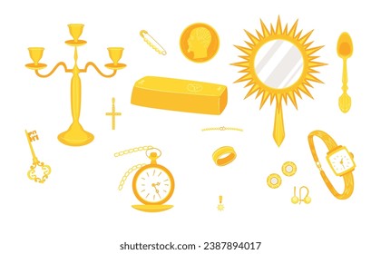 Cartoon Color Gold Accessories and Jewelry Icons Set Concept Flat Design Style Include of Candelabrum, Ring and Earrings. Vector illustration