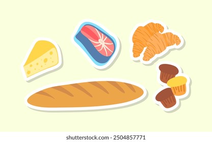 Cartoon Color Grocery Stuffs Stickers Set Nutrition Concept Flat Design Style Include of Cheese and Fish. Vector illustration