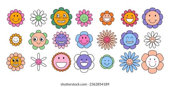 Cartoon Color Groovy Flower Characters Daisy Set Concept Flat Design Hippie Sixties Seventies Style. Vector illustration