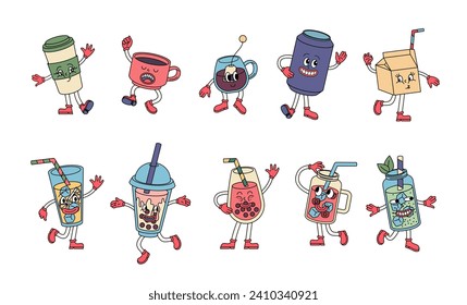 Colores de dibujos animados Groovy Hippie Bebidas Mascotas Concepto de conjunto Vintage Estilo de diseño plano Incluye jugo y limonada. Ilustración del vector