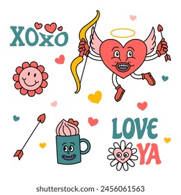Cartoon Color Groovy Hippie Valentines Day Characters Elements Set Romantic Holiday Concept Flat Design Style. Vector illustration