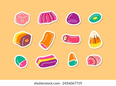 Cartoon Color Gummy Candies Sticker Badge Set Concept Flat Design Style. Vector illustration of Candy for Kids