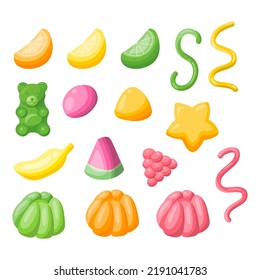 Cartoon Farbe Gummy Gelee Candy Icon Set flach Design Stil Konzept. Vektorgrafik von Gum Dessert