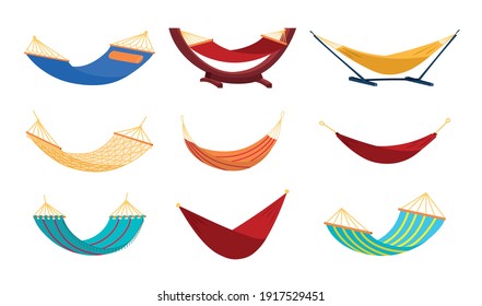 Cartoon Color Hammock Icon Set Symbol of Summer Vacation and Relaxation on Resort Flat Design Style. Vector illustration