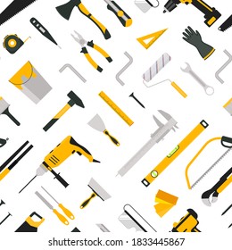 Cartoon Color Hand Tool Concept Seamless Pattern Background on a White Include of Screwdriver, Hammer, Pliers, Wrench and Drill. Vector illustration of Icons