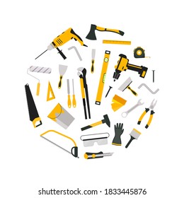 Cartoon Color Hand Tool Concept Round Design Template Banner Include of Screwdriver, Hammer, Pliers, Wrench and Drill. Vector illustration of Icons