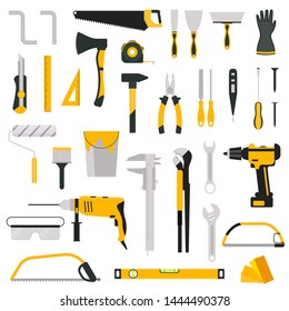 Cartoon Color Hand Tool Icon Set Include of Screwdriver, Hammer, Pliers, Wrench and Drill. Vector illustration of Icons