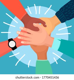 Cartoon Color Hands Putting Together Card Teamwork, Cooperation and Support Concept Flat Design Style. Vector illustration