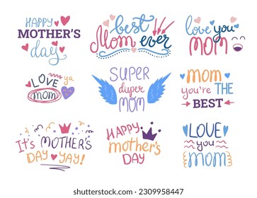 Cartoon Color Happy Mother Day Concept Set Flat Design Style Include of I Love You and Best Mom Congratulations. Vector illustration