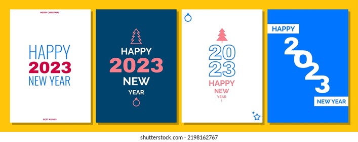 Cartoon Color Happy New Year 2023 Concept Poster Card Invitation Concept with Geometric Fir Tree Flat Design Style. Vector illustration